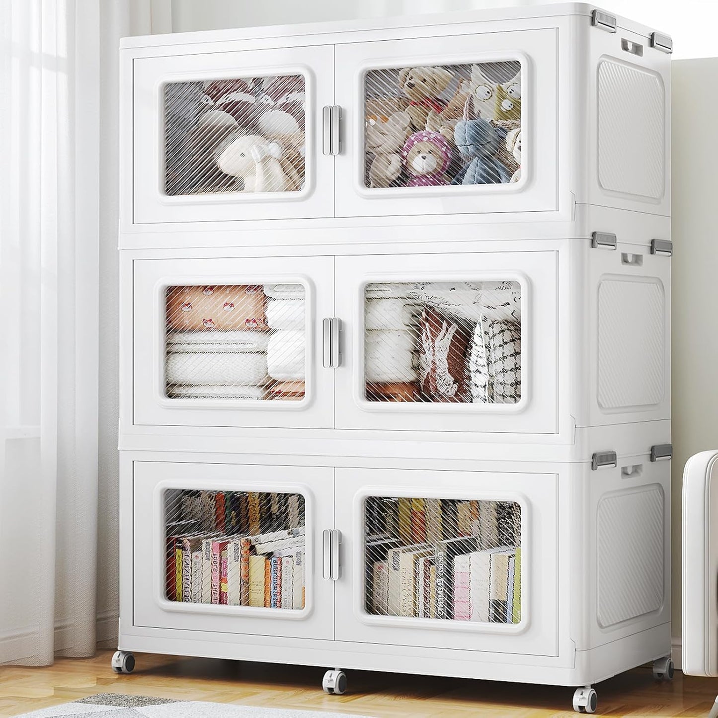 900 Qt Stackable Storage Bin with Lid, 225Gal Extra Large Collapsible Storage Boxes, Folding Plastic Drawer, Heavy-Duty Store Cabinet, Closet Organizer for Home Kitchen, 3 Pack White