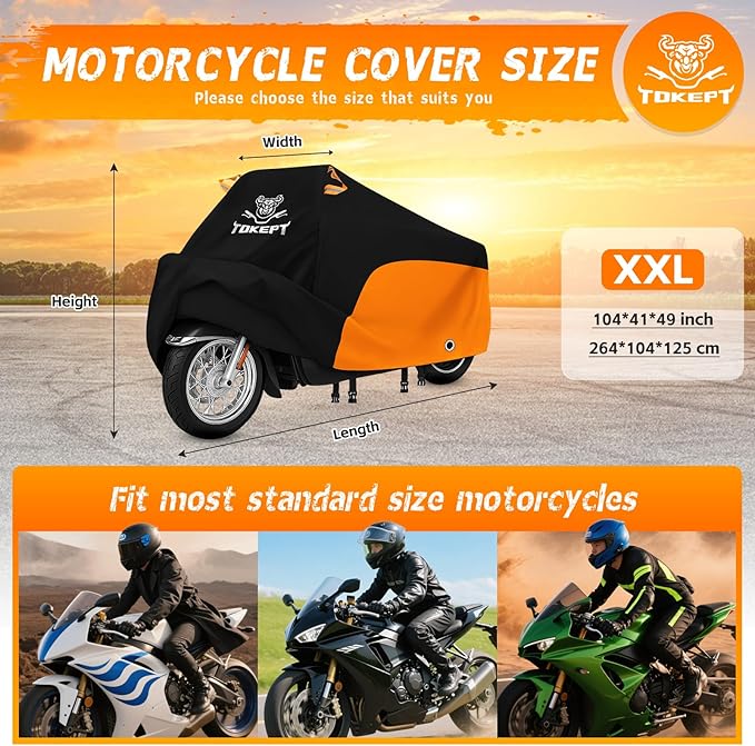 Motorcycle Cover, Heavy Duty Outdoor Waterproof Motorcycle Cover, Motorcycle Scooter Cover with Locking Holes for Yamaha Honda Suzuki Kawasaki up to 104 Inch (XXL Black&Orange)