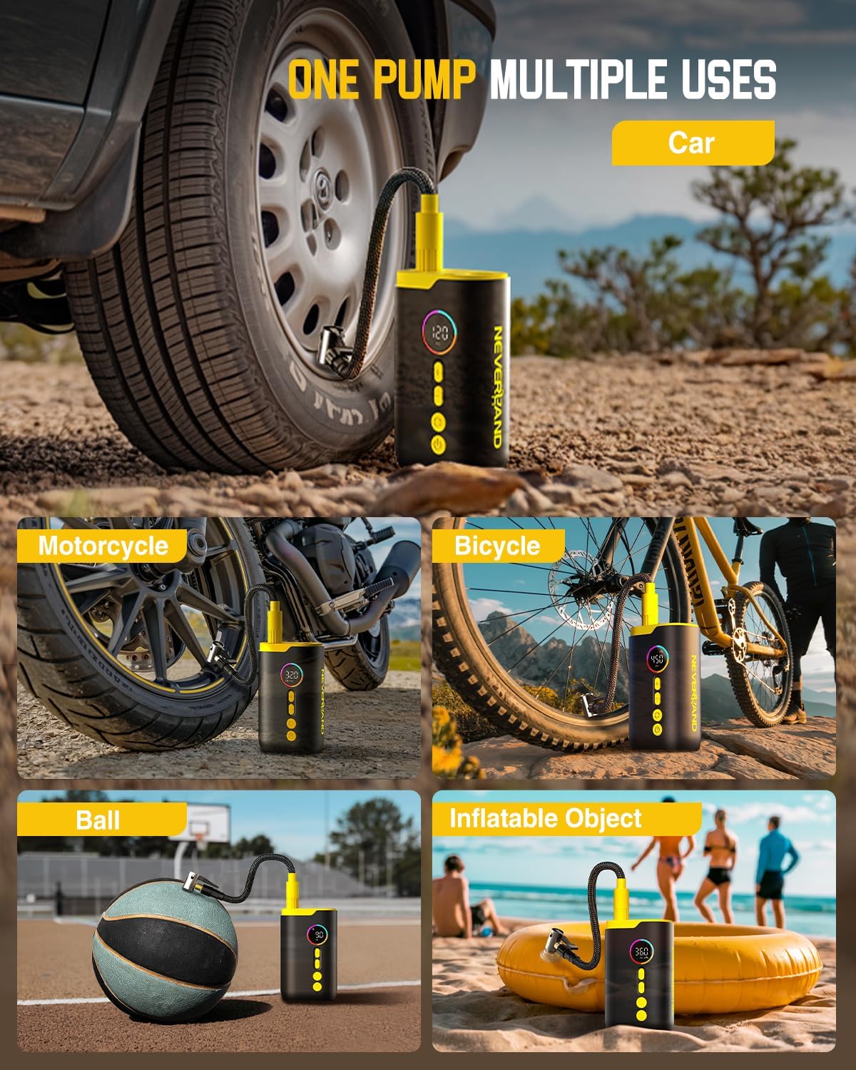 NEVERLAND Tire Inflator Portable Air Compressor - 150 PSI Electric Air Pump for Car Tires with Auto Shut, Cordless Tire Air pPump for Bicycle, Motorcycle, Bike Tire Pump with Gauge