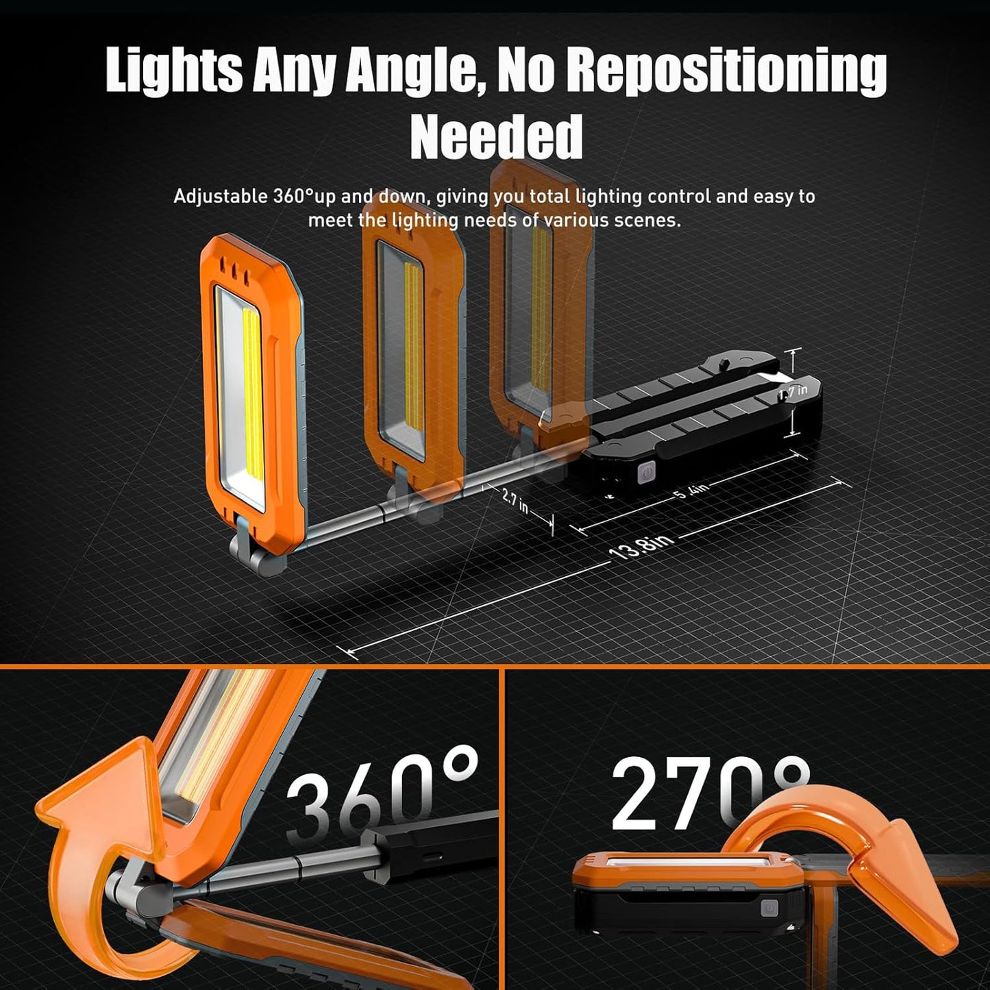 M KARMATER Rechargeable Work Light with Magnetic Base, 1200 Lumens LED Work Light, Portable Magnetic Work Lights with Hook Mechanic Light for Job Site, Workshop, Emergency and Camping