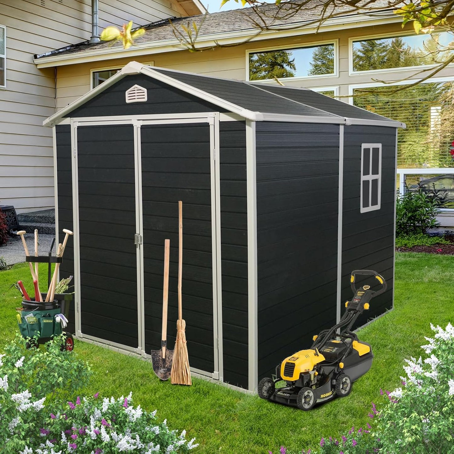 6x8 FT Outdoor Storage Shed, Resin Garden Shed with Thick Floor, Plastic Storage Shed with Window, Waterproof Outside Tool Shed with Lockable Hinged Doors for Backyard, Patio, Lawn, Black