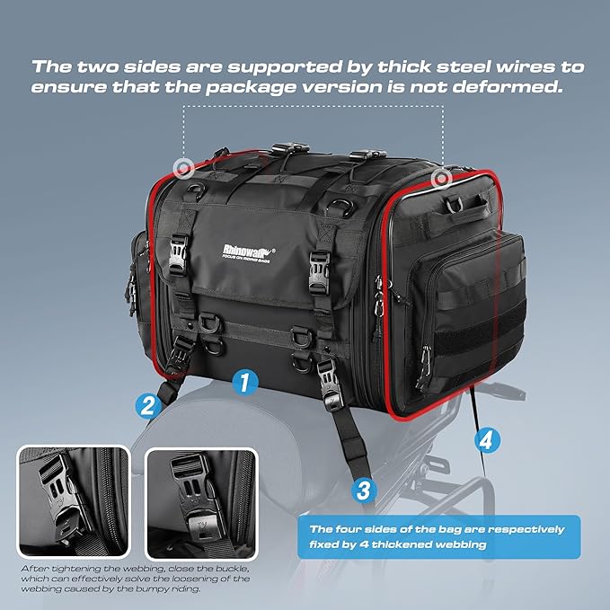 Rhinowalk Motorcycle Tail Bag Waterproof Saddlebag 40L to 60L Expandable Large Capacity Luggage for Motorbike Touring, Durable Powersports Travel Storage (60L, Black)