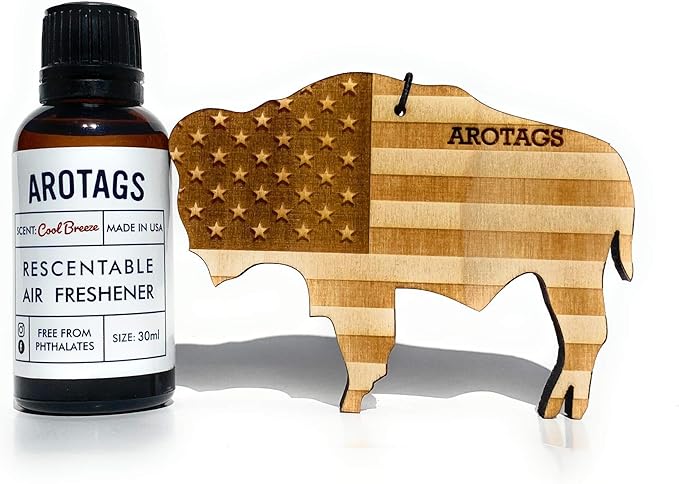 Arotags Car Air Freshener - Reusable Wood Diffuser - Hanging Odor Eliminator - Wyoming Patriot - Cool Breeze Scent