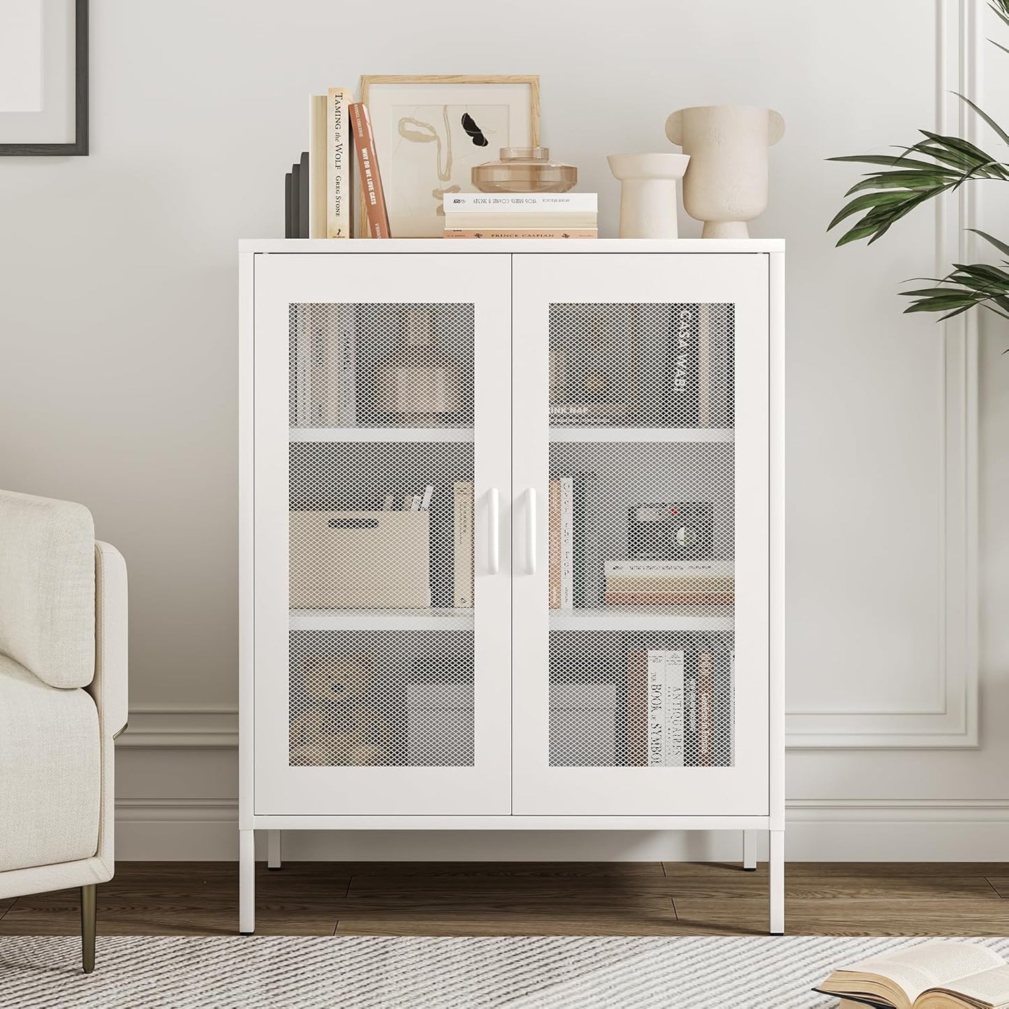 Metal Storage Cabinet with Mesh Doors,Steel Display Cabinet with Adjustable Shelves,Metal Office Storage Locker for Home Office,Garage(White mesh, 40''H)