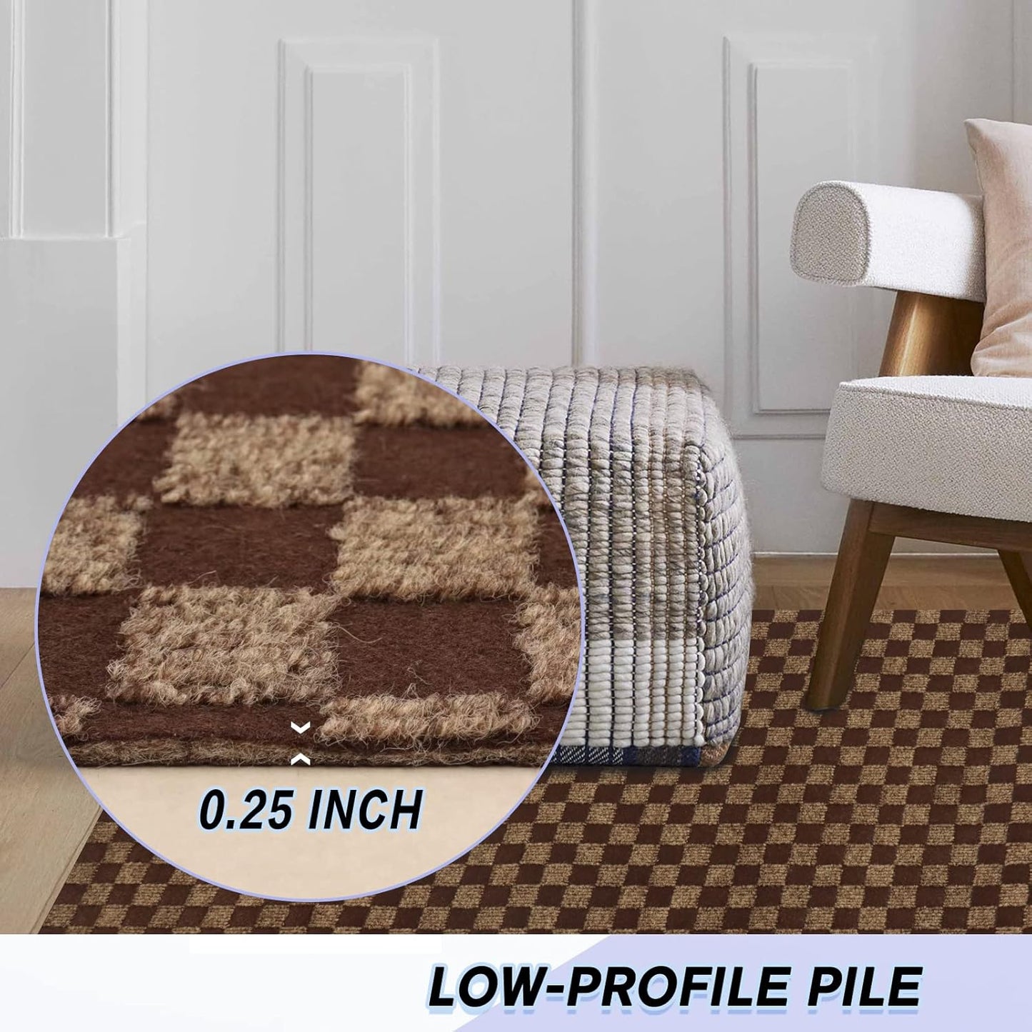 Custom Size Backed Non-Slip Area Rugs Runner, Easy Clean, Waterproof Runner Rugs for Hallway Entryway, Kitchen, Laundry, 3FT x 15FT, Brown Checkered
