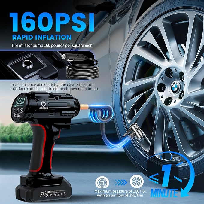 Cordless Air Compressor 160PSI Portable Tire Inflator with 10000mAh Battery & Dual Power System - 2X Faster (35L/min) Auto Shut Off Digital Gauge for Car SUV Truck RV - Black