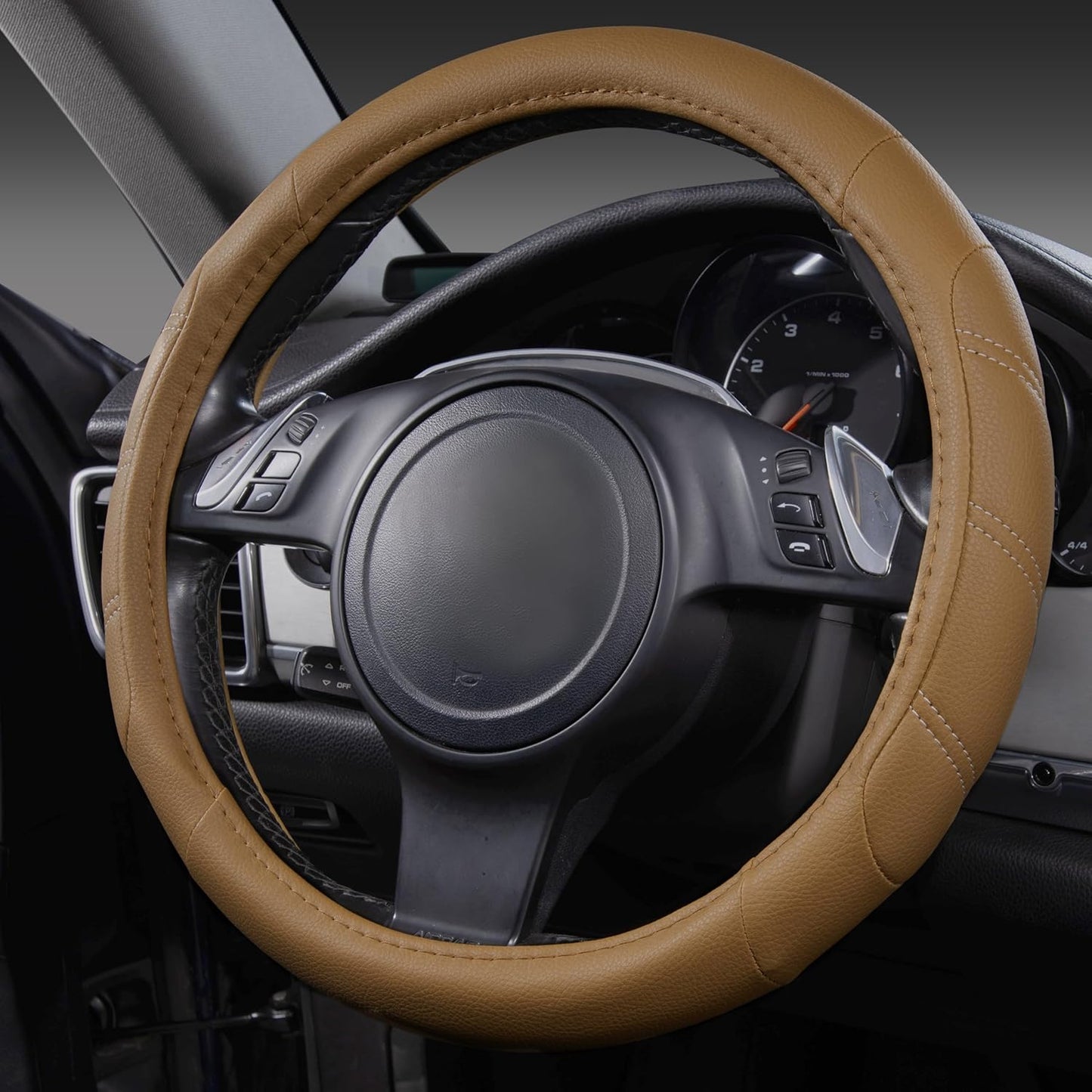 CAR PASS Line Rider Microfiber Leather Sporty Steering Wheel Cover Universal Fits for 95% Truck,SUV,Cars, Anti-Slip Safety Comfortable Desgin (Pure Brown)