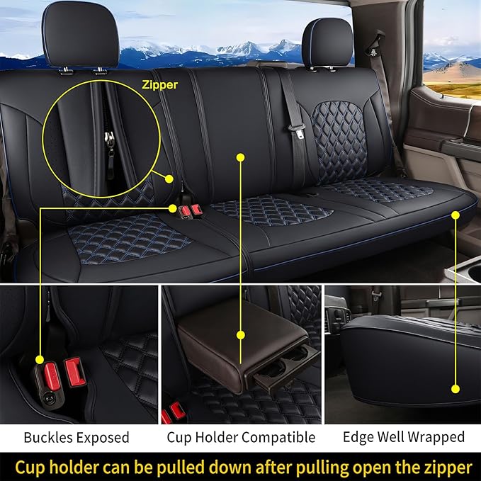 Huidasource Custom Fit Ford F150 Rear Bench Split Leather Seat Covers Fit for 2015-2025 F150 SuperCrew & 2017-2025 F250 F350 F450 Super Duty Crew Cab Pickup King Ranch Platinum(Back Row/Black&Blue)