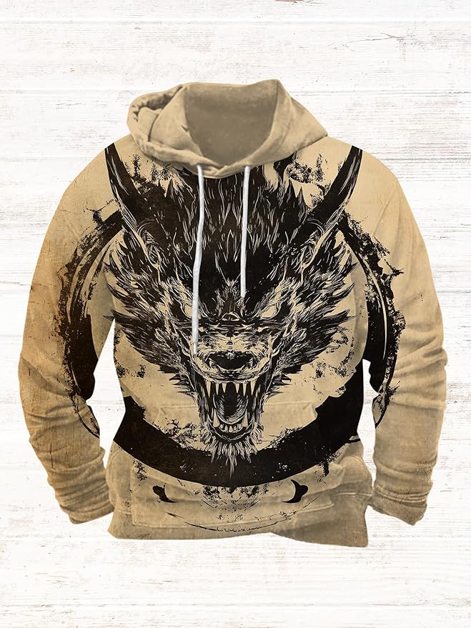 Mens Animal Print Graphic Hoodies Casual Long Sleeve Japanese Art Style Hooded Sweatshirt Lightweight Pullover Tops