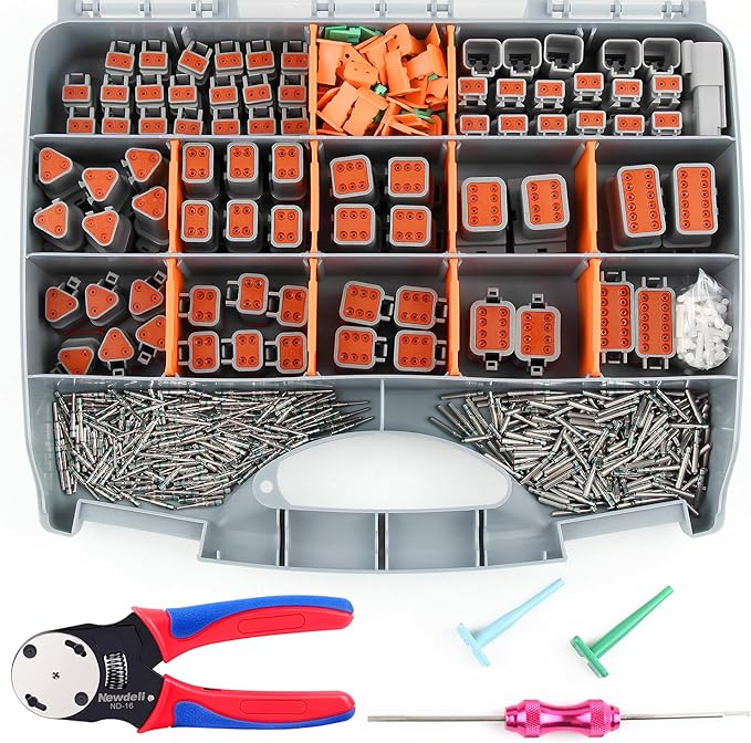 Newdeli 504PCS Deutsch Connector Kit with Crimper 2 3 4 6 8 12 Pin DT Connectors with Deutsch Crimp Tool 14-20AWG Pin Removal Tool Size 16 Solid Contacts Automotive Electrical Wire Connectors