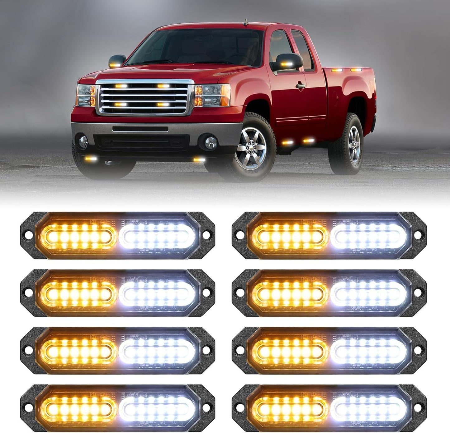 HLauto 1200T Emergency Strobe Grille Lights: 8pcs 12 LED Sync Feature Safety Warning Flashing Lights, Ultra Slim Surface Mount Hazard Caution Light for Trucks, Vehicles, Car, ATV, UTV (Amber White)