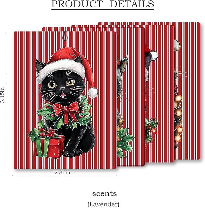 Christmas Black Cat Car Air Freshener 4 Pcs, Cute Black Kitten Xmas Hanging Scents Air Freshener for Women Girls Gifts, Cat Lover Gifts Scented Car Accessories Decor for Room Closet Drawer