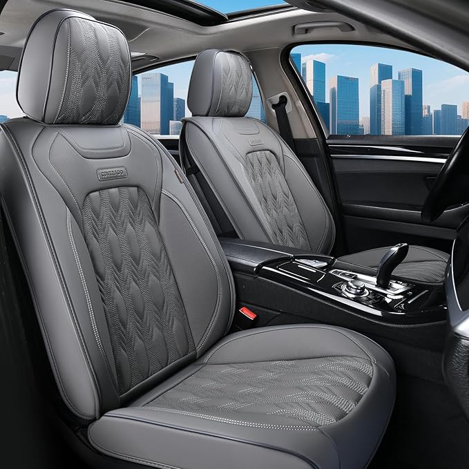 Coverado Car Seat Cover Full Set, Waterproof Front and Back Seat Covers for Cars, 5-Pack Leather Seat Covers, Car Seat Protectors, Driver Seat Cushions Fit for Most Vehicles Gray