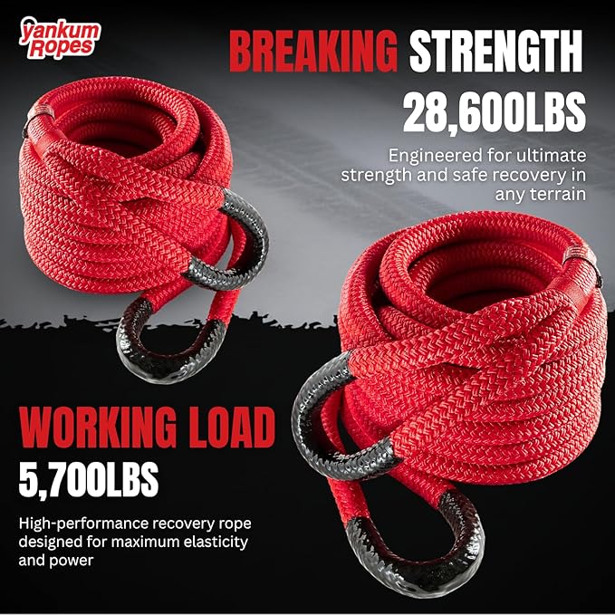Yankum Kinetic Recovery Rope - Heavy Duty 7/8" x 30' Tow Rope, Off-Road & Vehicle Recovery, Kinetic Energy Ropes for 4x4, Jeep, and Trucks, Made in USA – Python Series