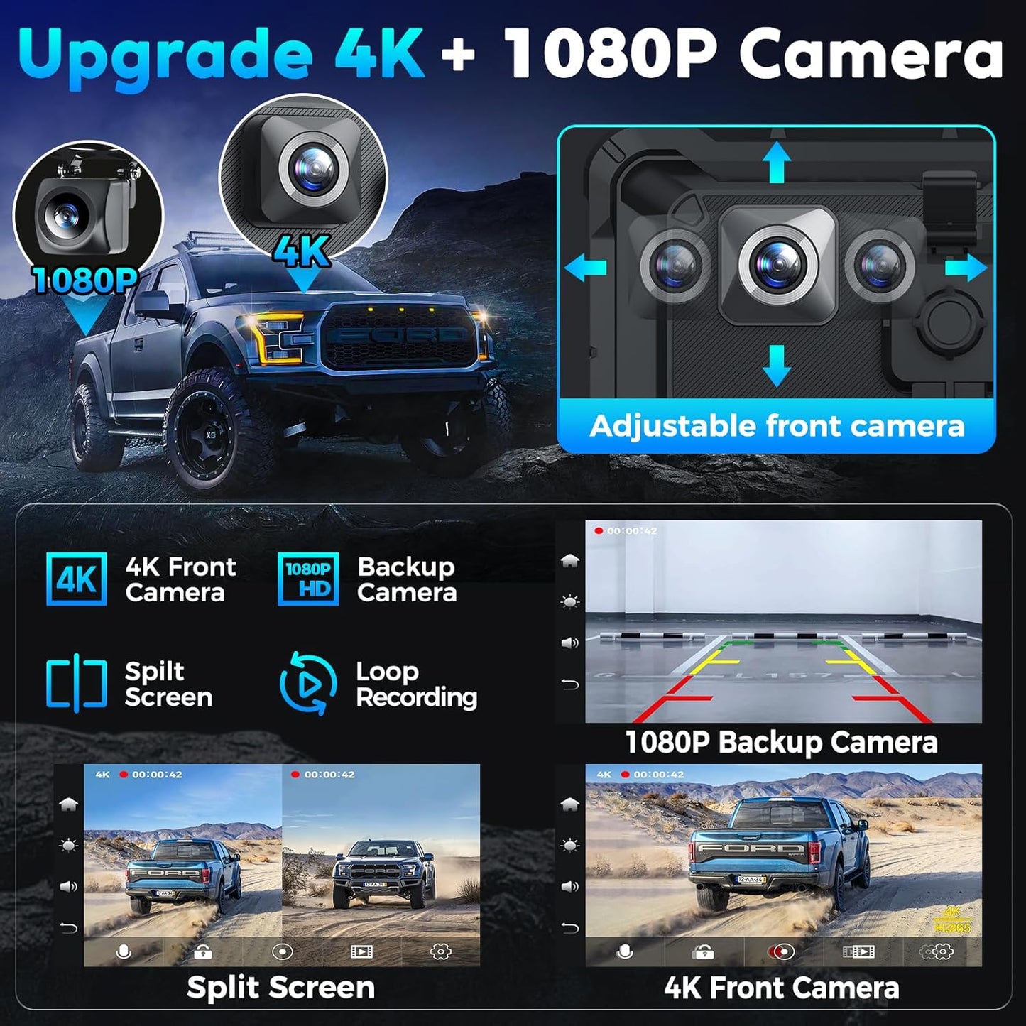 Portable Apple Carplay Screen for Car, 8" Wireless Android Auto Screen with 4K Dash Cam & 1080P Backup Camera, Secure Strong Bracket, Navigation, Bluetooth, Mirror Link, Fits All Vehicles