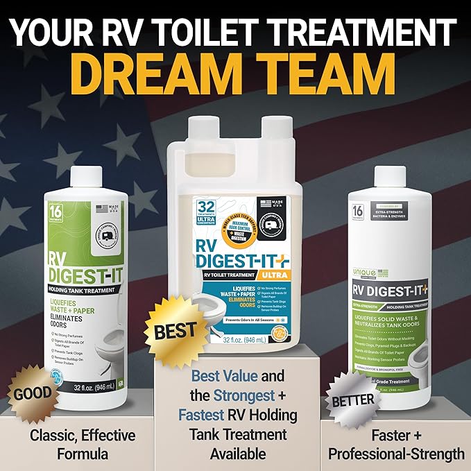 Unique RV Digest-It Ultra RV Toilet Treatment, 64 Uses - Eliminates Smells and Liquifies Waste, Easy-Measure Preventive Holding Tank Treatment, Package May Vary (32 oz, Pack of 2)