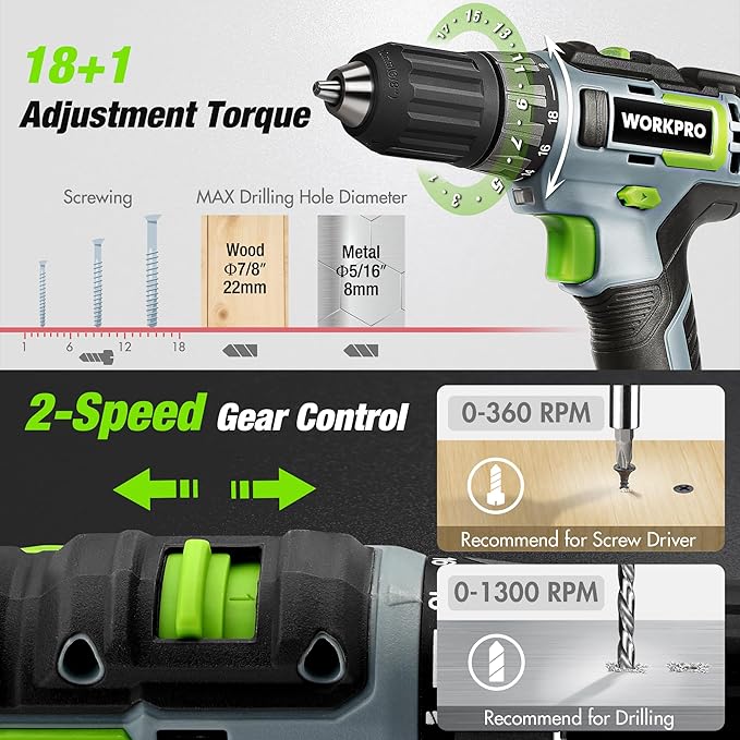 WORKPRO Home Tool Set with 20V Cordless Lithium-Ion Drill Driver, Household Repairing Tool Kit with Drill, 157PCS Power Drill Sets, 14-Inch Wide Mouth Storage Tool Bag, Green