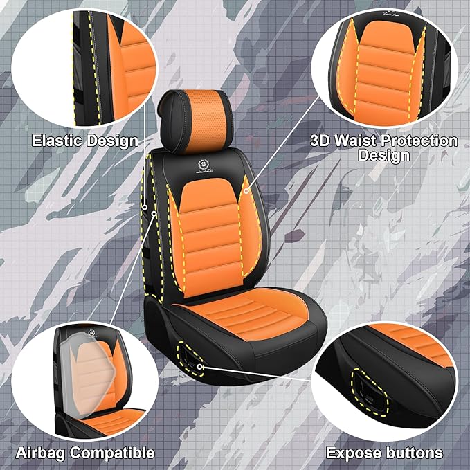 Full Set Car Seat Covers for GMC Sierra 1500/2500/3500 Denali SLT AT4 AT4X Base Seat Covers 2008-2025, Waterproof Premium Nappa Leather Seat Protectors(Standard 5 Seats/Black&Orange)