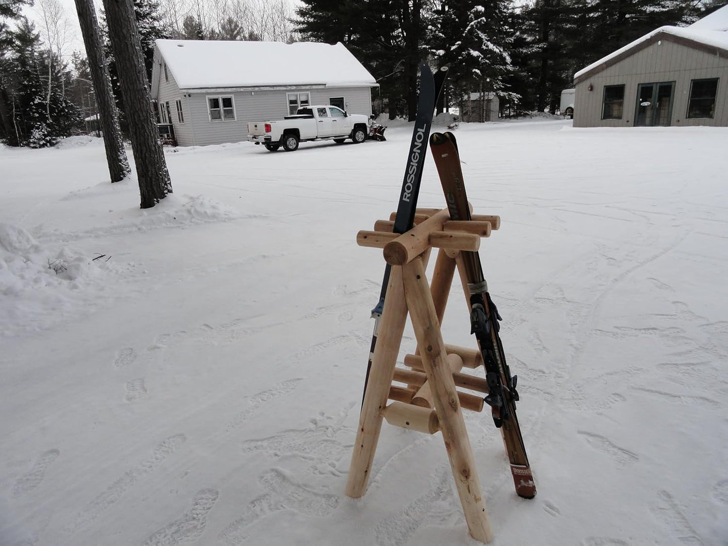 9-Place Freestanding Log Ski Rack Holder, Indoor & Outdoor Snowboard Racks, Standing Storage, Garage Racks for Snow Skis & Poles, Durable Snowboard Rack Garage Storage Organizer - Natural