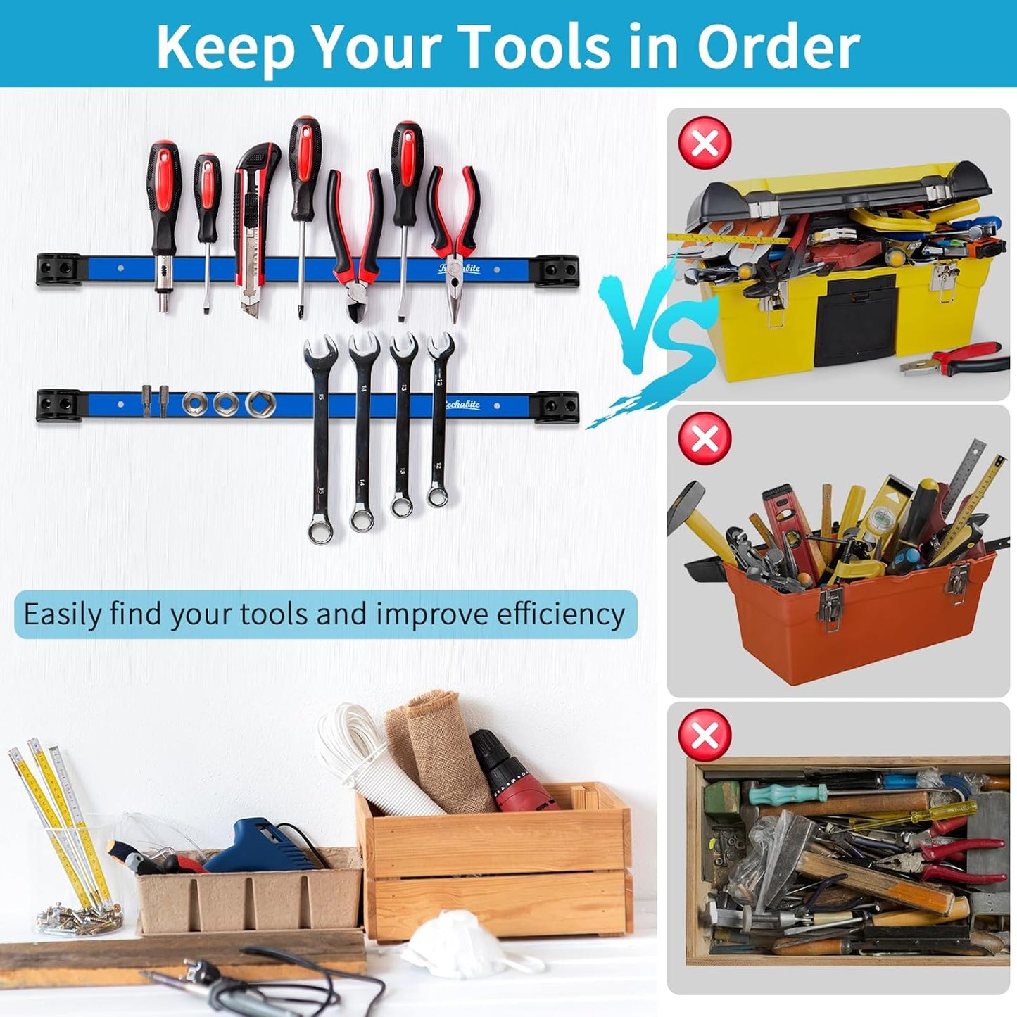 4 Pieces 24" Magnetic Tool Holder Strip, Blue Magnet Bar, Metal Tool Organizer Rack for Garage Organization, Easy To Install in Workshop, Mounting Screws Included