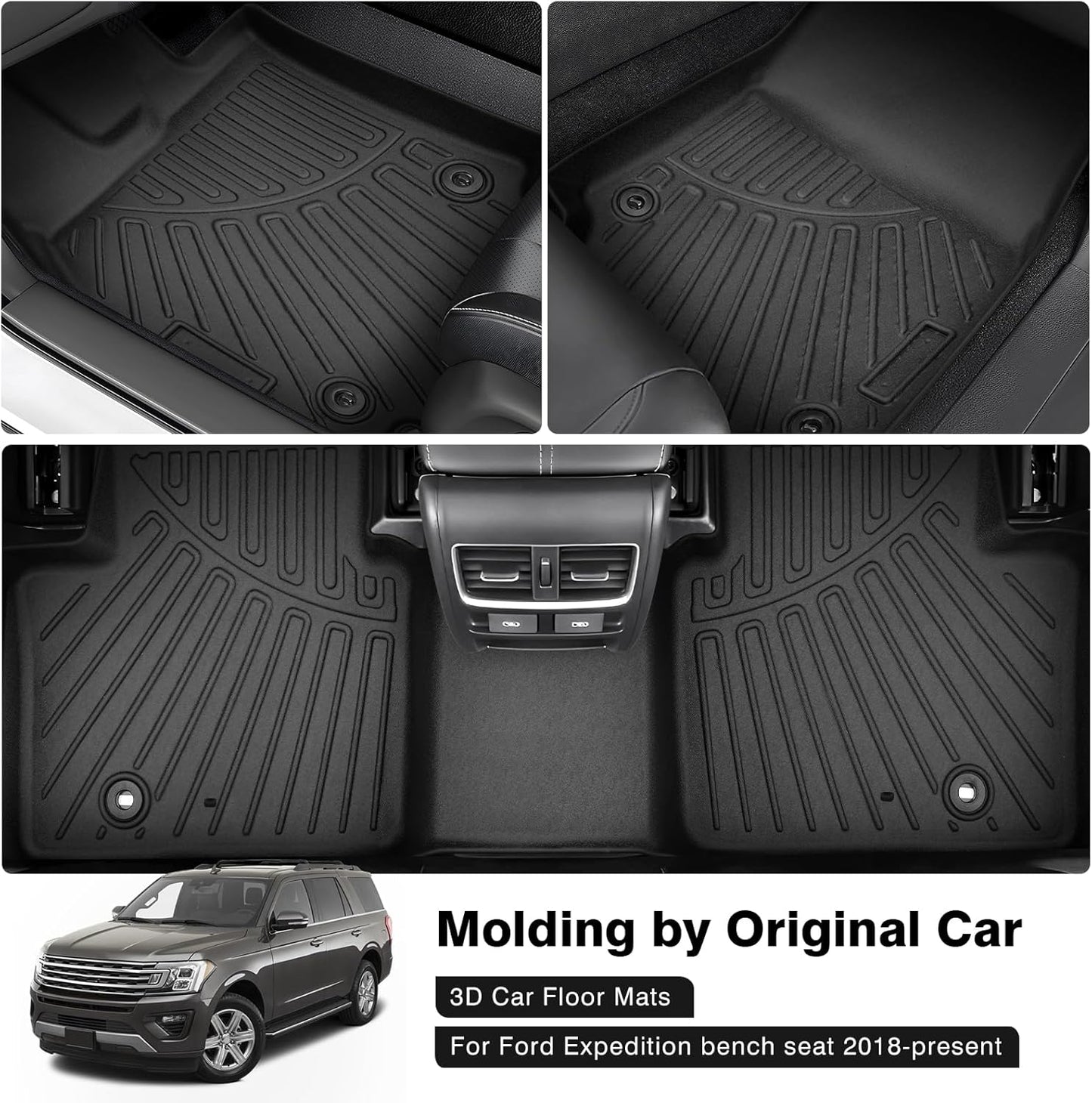 Powerty Floor Mats for 2018-2024 Ford Expedition with 2nd Row Bench Seat Accessories All Weather Floor Liner 3D TPE 1st & 2nd Row Floor Mat Heavy-Duty Floor Liners