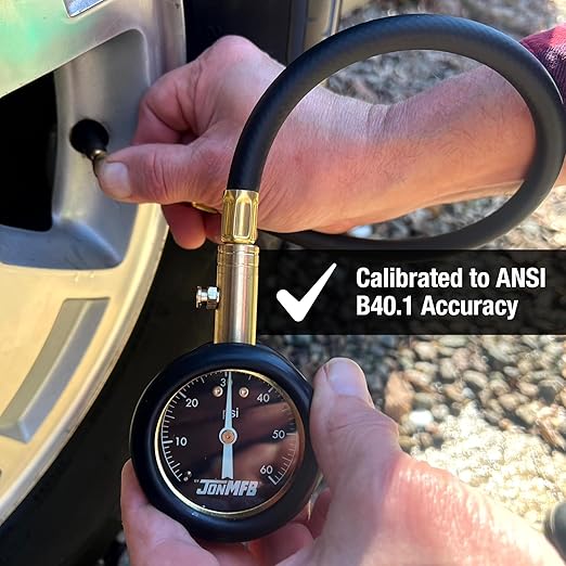 Tire Pressure Gauge for Cars and Trucks. 0-60 PSI Calibrated to ANSI B.40.1 Accuracy. Large 2 Inch Easy to Read Gauge and Long Hose with 360 Degree Rotation at Each End.