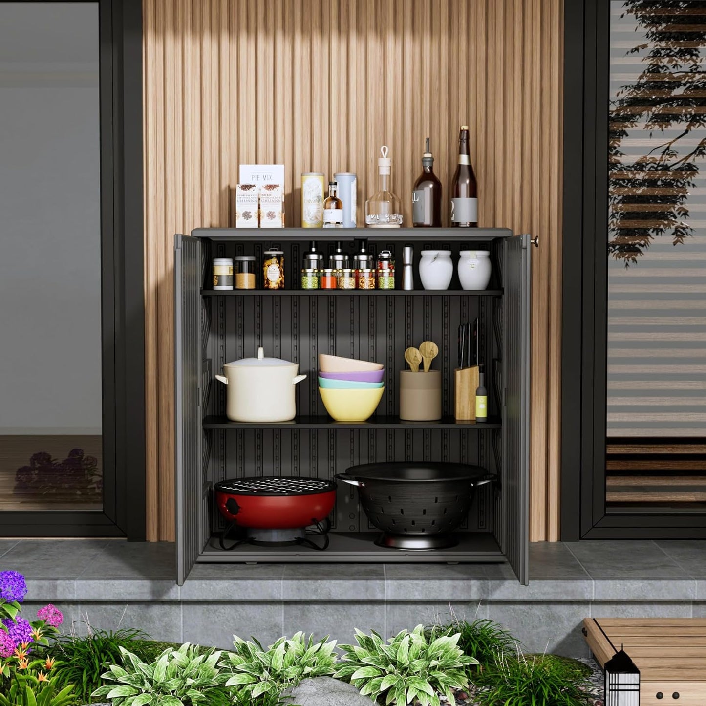 Storage Box Outdoor Caninet,Resin Indoor Storage Box Waterproof Outdoor Storage Cabinets for Patio/Garden/Backyard, Size 34.3''L*15''W*36.2''H(Grey)