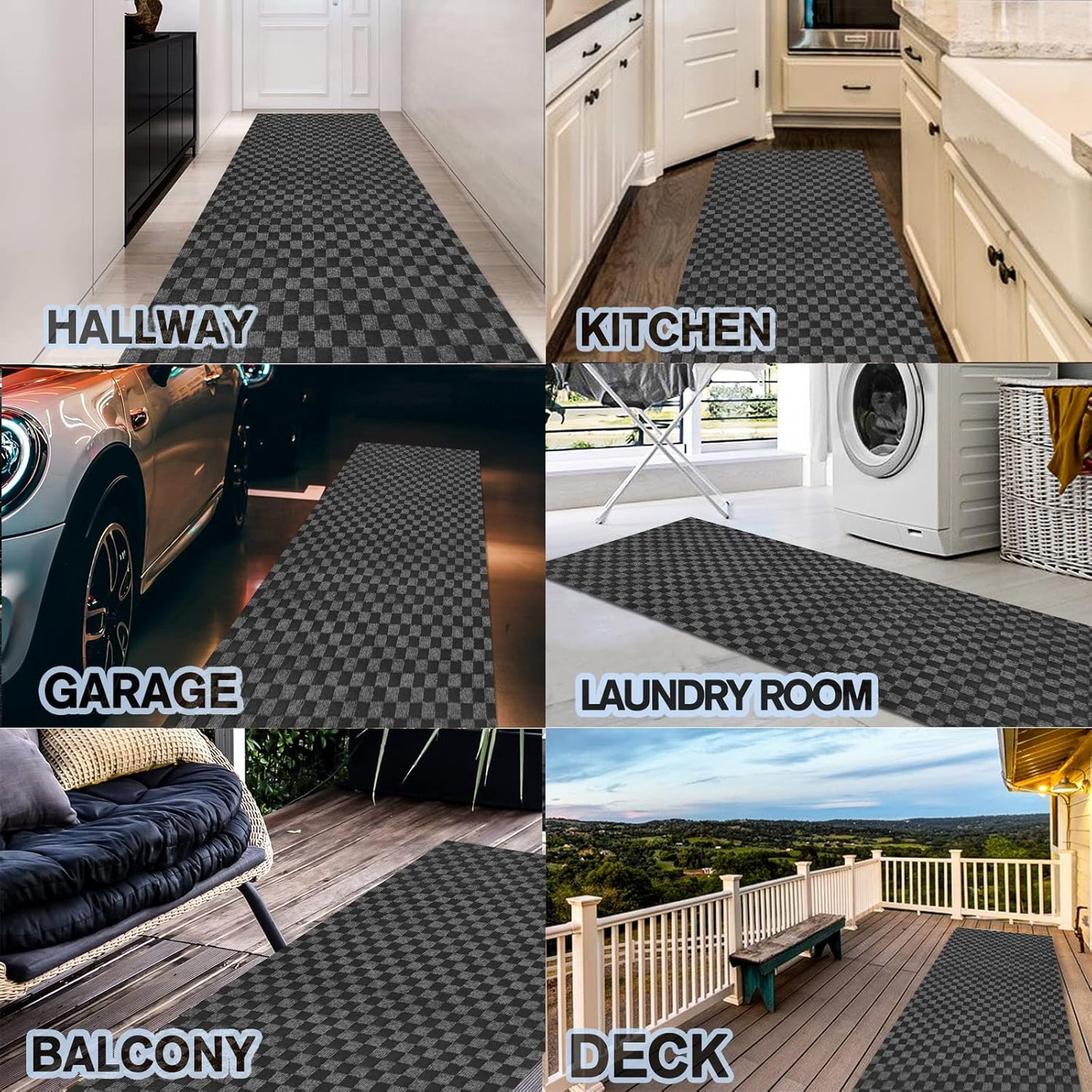 Custom Size Backed Non-Slip Area Rugs Runner, Easy Clean, Waterproof Runner Rugs for Hallway Entryway, Kitchen, Laundry, 2FT x 76FT, Gray Checkered