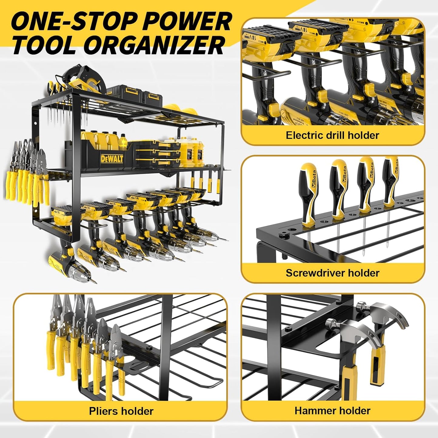 Large Power Tool Organizer Wall Mount,3 Layer Heavy Duty Tool Storage Rack Loads 150lbs,With 7 Cordless Drill Holders,Workshop,Utility Racks for Garage Workshop,Shed - Cool Gifts for Men,Dad,Husband