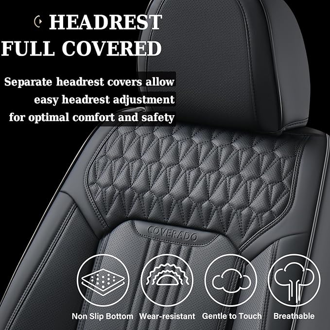 Coverado Seat Covers, Car Seat Covers Full Set, Black Seat Cover, Front Seats Back Seat Cover, Waterproof Car Seat Cushion,Leather Car Seat Protector Universal Fit Most Cars