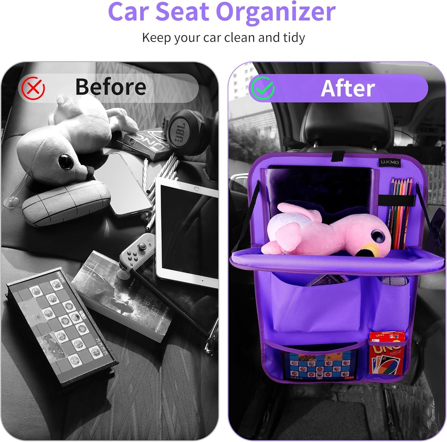 LUCMO Car Backseat Organizer with Tablet Holder-2 Pcs,6 Storage Pockets Car Storage Organizer with Foldable Food Tray,Protectors Kick Mats Travel Accessories-Dark Purple
