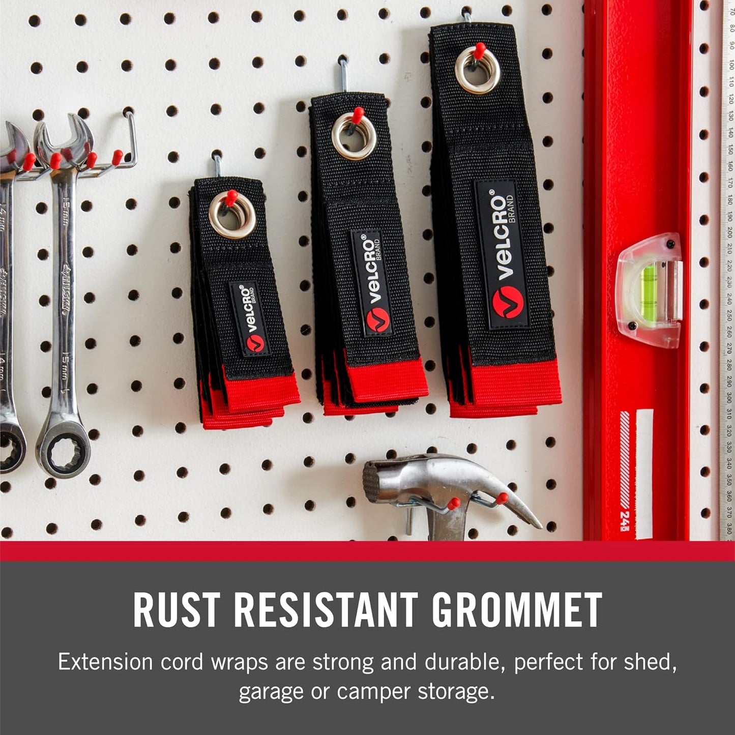 VELCRO Brand Extension Cord Organizer Holder. Heavy Duty Straps for Garage Organization and Storage. Rust Resistant Grommet Hangs Easily on Wall 2pk,Small 10-inch,60bs Weight Rating,Black