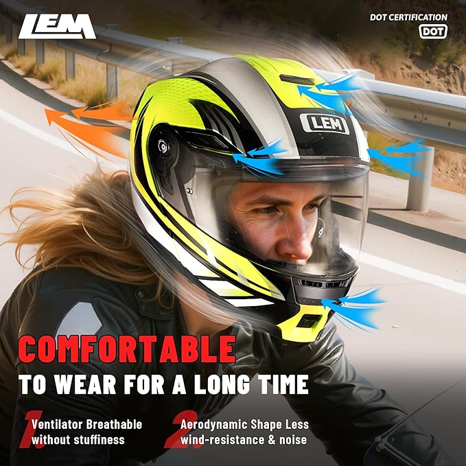 LEM Modular Motorcycle Helmets Fiberglass, Full Face Motorcycle Helmet Flip Up for Touring, DOT Certified, Release Sun Visor & Removable Comfort Liner, Lightweight Street Bike Helmet (Yellow, L)