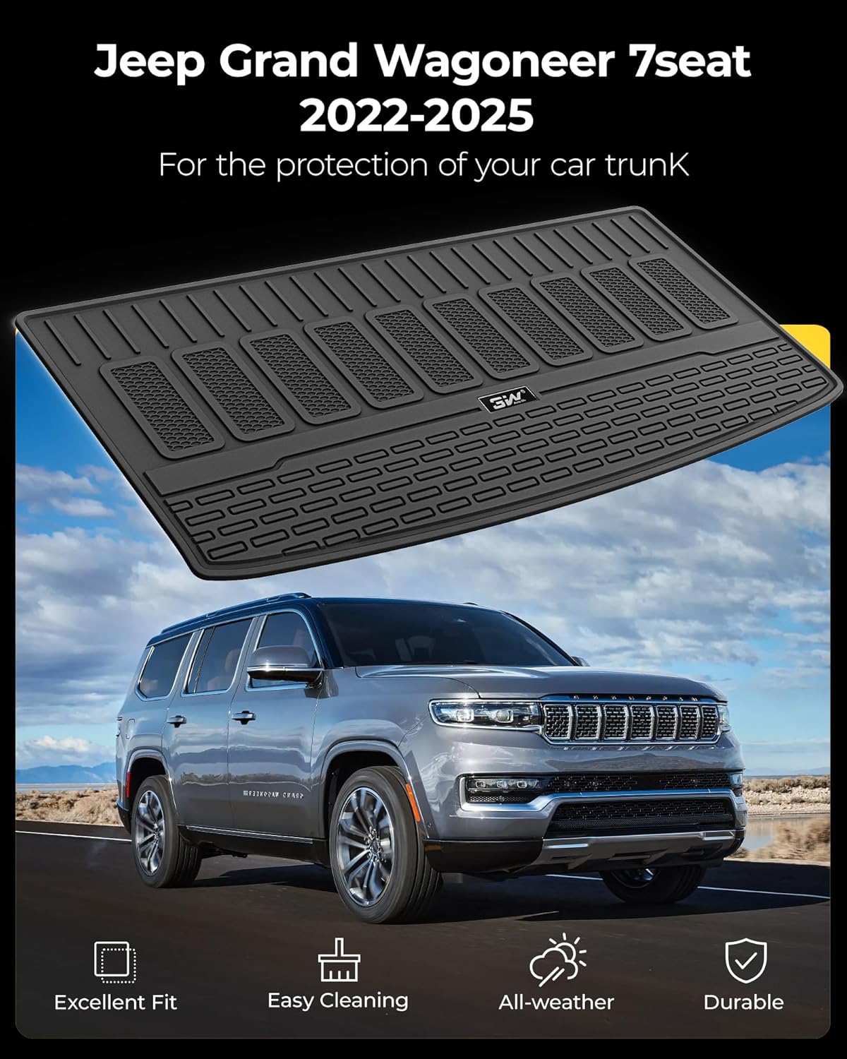 3W Cargo Liner Compatible with Jeep Grand Wagoneer(Non L) 2022-2024 2025 7 Passenger Model All Weather Custom Fit Black Trunk Mat Set