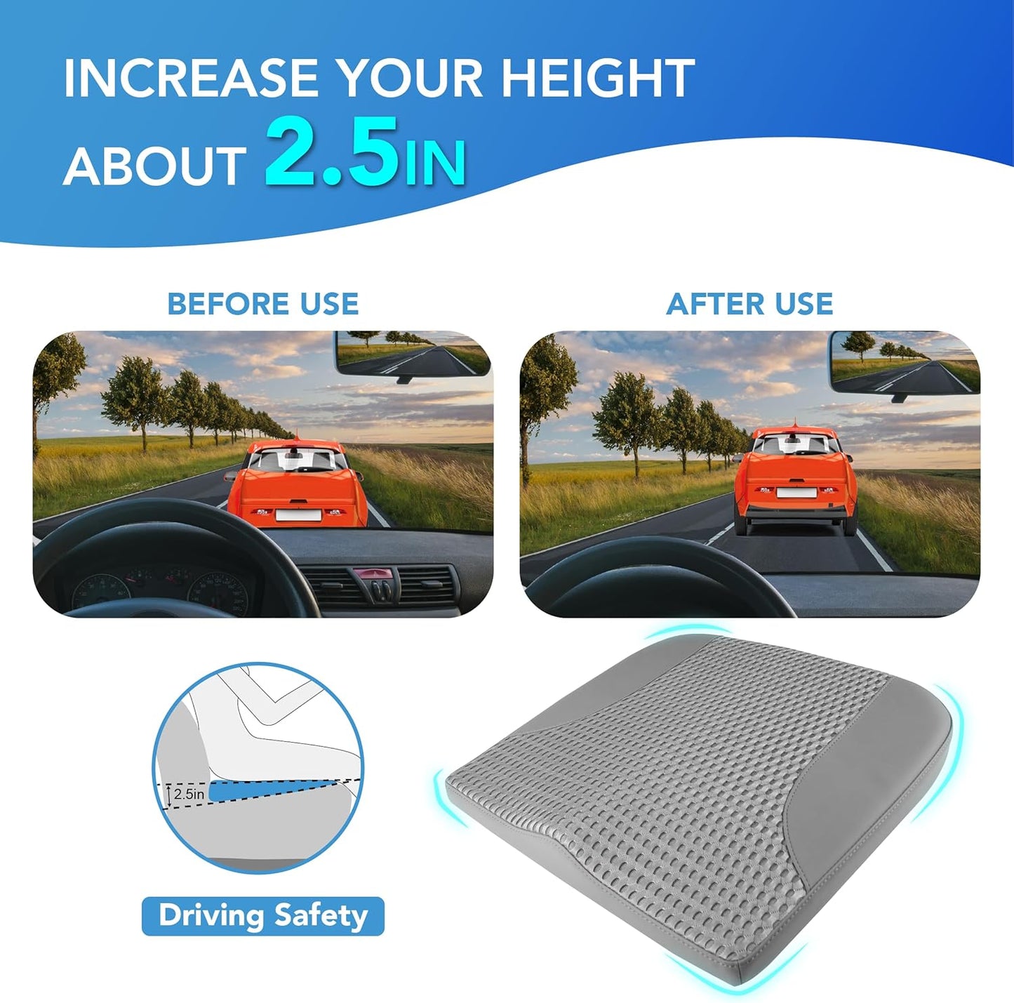 Car Seat Cushion, Comfortable Memory Foam Seat Pillow for Driving, Sciatica-Back Pain Relief, Cushion for Car-Truck, Office, Wheelchair - Dark Grey