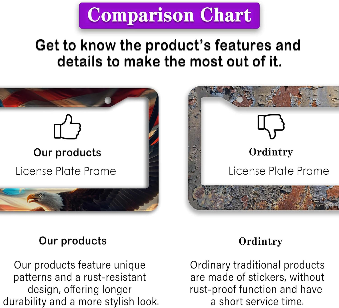 Automotive Exterior Accessories Multicolor License Plate Frames American Flag Eagle Aluminum Metal Car Accessory 2 Pack with Screw Covers Set