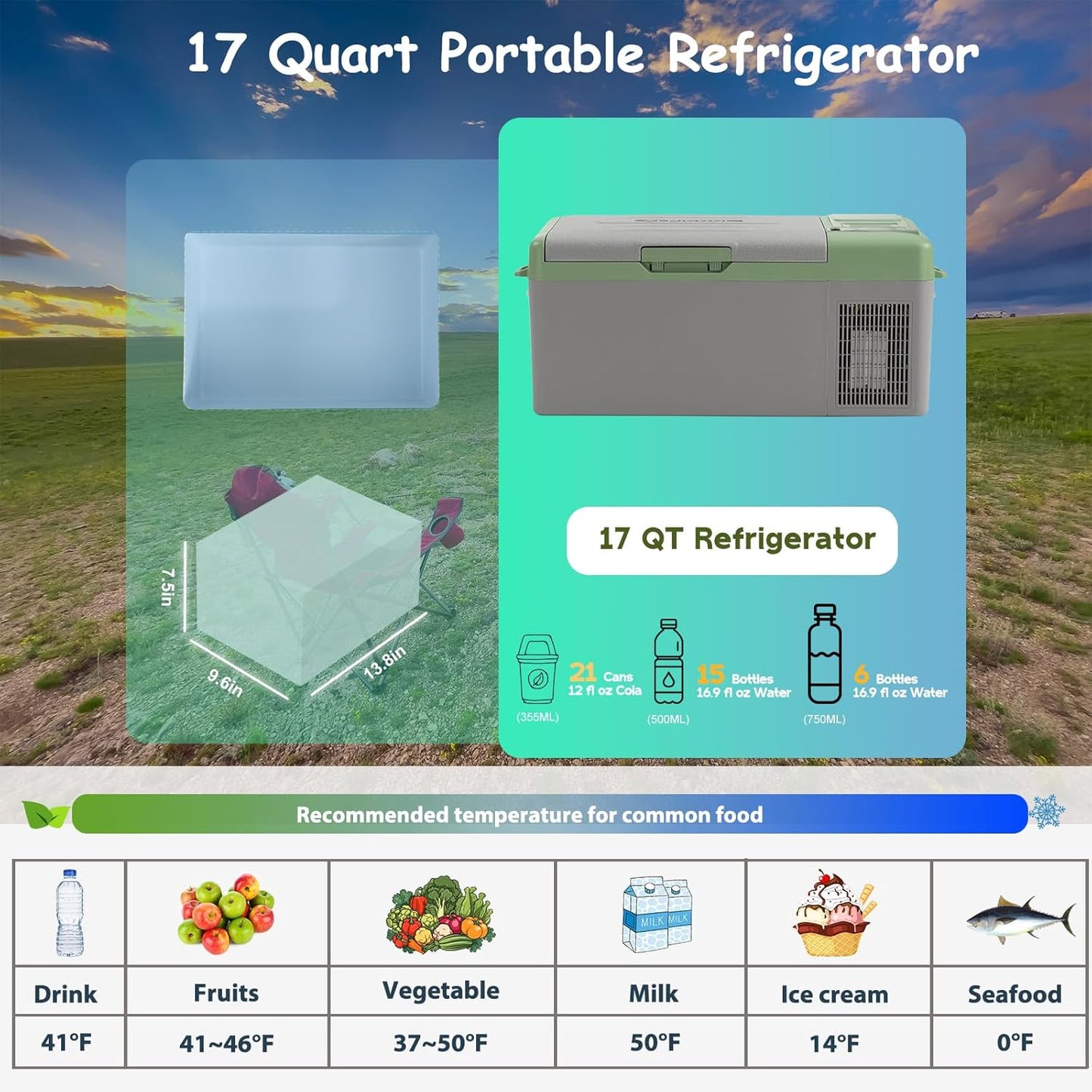 Alpicool Y15E Portable Fridge 12 Volt Car Refrigerator 17 Quart Freezer for Fishing, Camping, RV, Truck, Boat-12/24V DC
