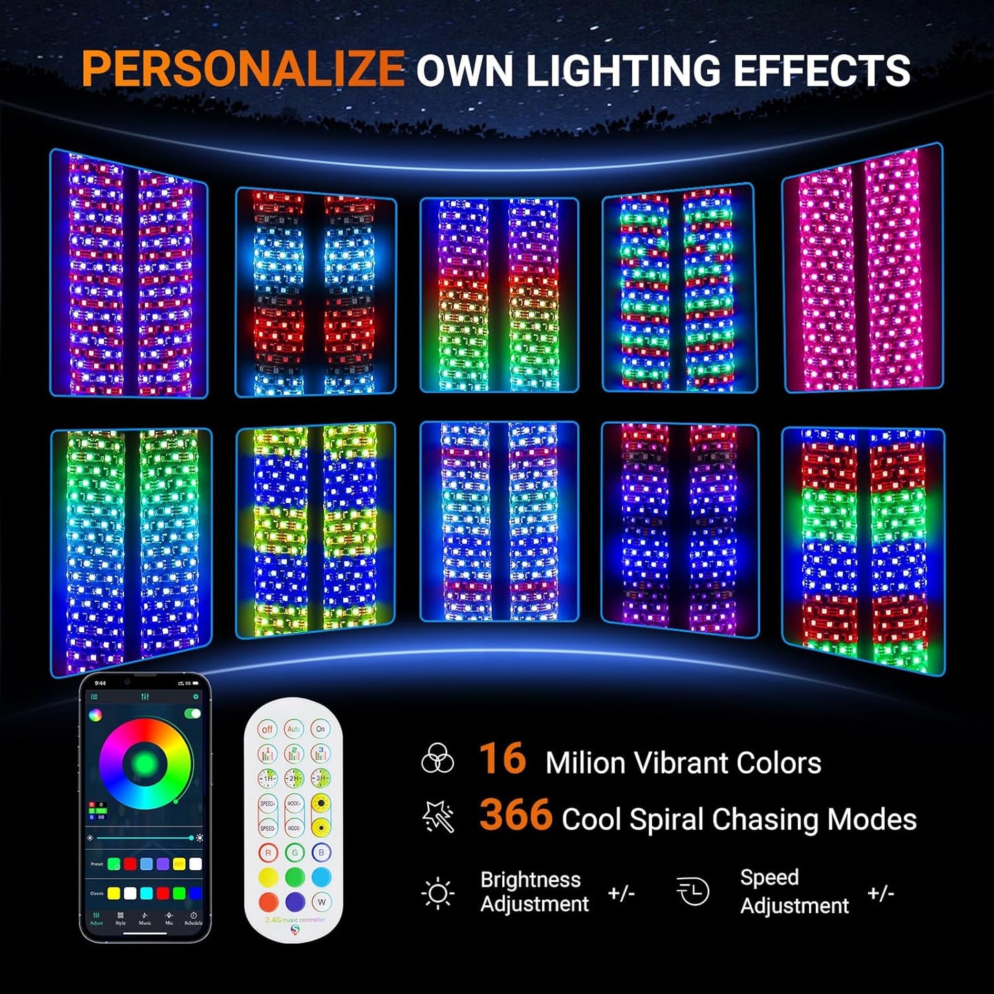 3FT Fat Whip Lights for UTV ATV with Spring Base, Led Fatty Whip Light W/Rocker Switch & 3 Flags, Brighter Spiral Chasing Lighted Antenna Whip with APP & Remote Control for RZR SXS Can-Am