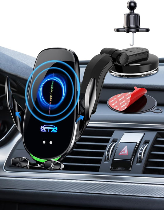 Wireless Car Charger Mount, Fast Charging Auto Clamping 15W Intelligent Dual Control Induction Car Phone Holder Mount Wireless Charging Compatible with All iPhone Android Smartphone
