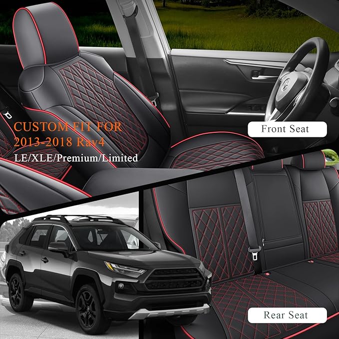 Rav4 Seat Covers Custom Fit for Toyota Rav4 Full Set Faux Leather Car Seat Covers Waterproof Full Coverage (Black Redline, 2013-2018 LE/XLE/Premium/Limited)