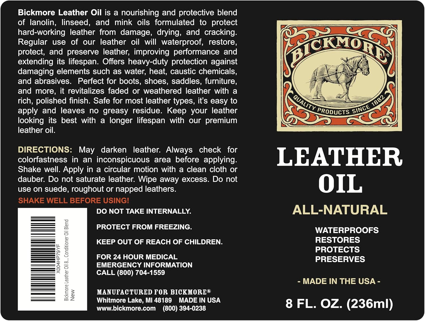 Leather Oil Leather Conditioner 8oz | Waterproofs, Protects, and Restores Boots, Jackets, Auto, Furniture, and All Leather Goods | Made in The USA