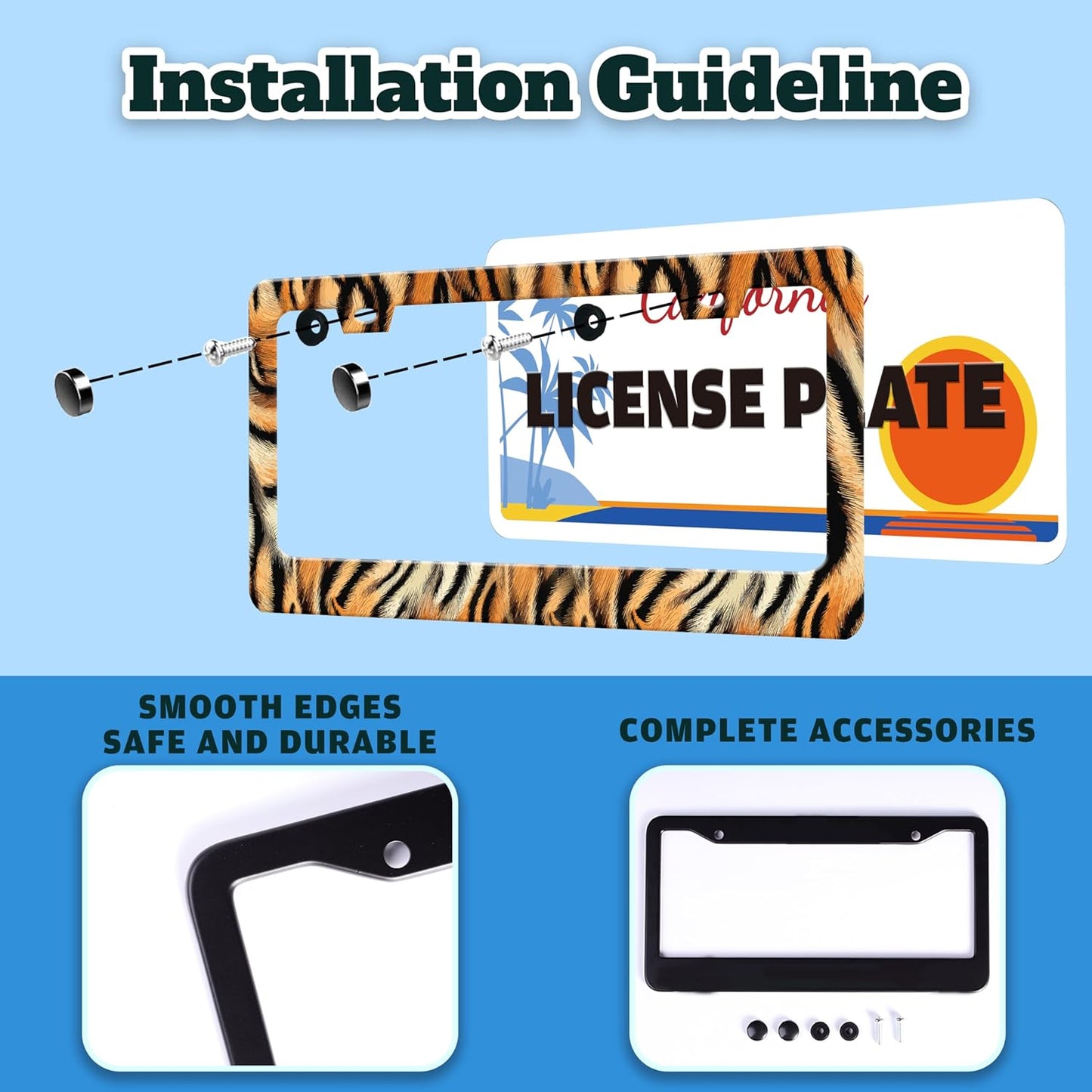 Tiger License Plate Frame Funny Tiger Skin Stripe License Plate Holder for Front or Rear Car Tags Reusable Durable Stainless Steel Car Decoration with Screws 6.3 X 12.2 Inch for Men Women