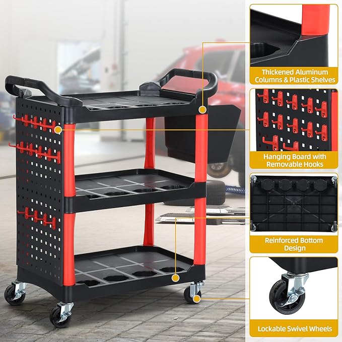 DWVO Rolling Auto Detailing Cart with Wheels & Hanging Bucket, 3-Tier Organizer with Hooks & Long Hanging Panel, Car Wash Utility Cart for Garage, Workshop, Repair Shop, DIY Home (17" D x 33" W)