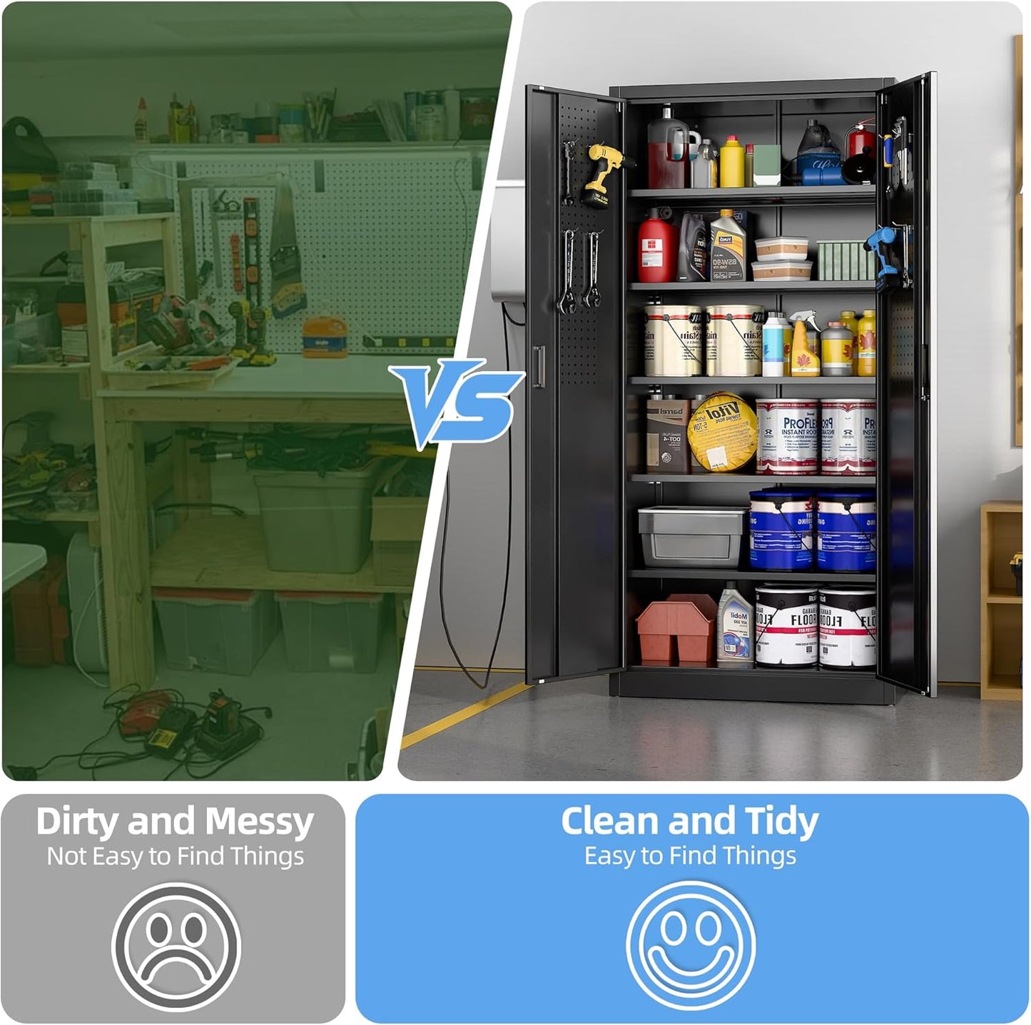 Metal Storage Cabinet with Pegboard 71'' x 34'' x 18'',Lockable Steel Storage Cabinet with 5 Adjustable Shelves and Door for Garage, Office, Kitchen, Assembly Required(Black)