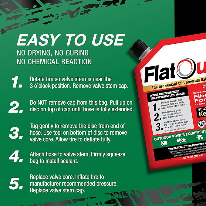 FlatOut Off-Road Tire Sealant, Outdoor Power Equipment Formula, Prevents Flat Tires, Fix a Flat Tire, Seals Leaks, Contains Kevlar, 32 Ounce Bag, 1-Pack