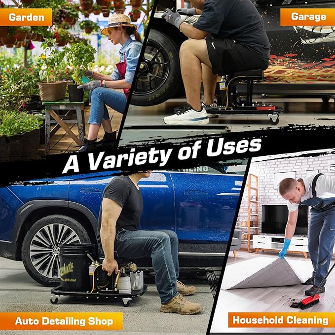 Rolling Shop Stool Chair with Wheels, Mechanic Garage Stool on Wheels, Auto Car Detailing Stools Seat with Tool Tray Storage for Garage Work, Workshop, Home, Garden, DIY, 300 LBS Capacity, Yellow