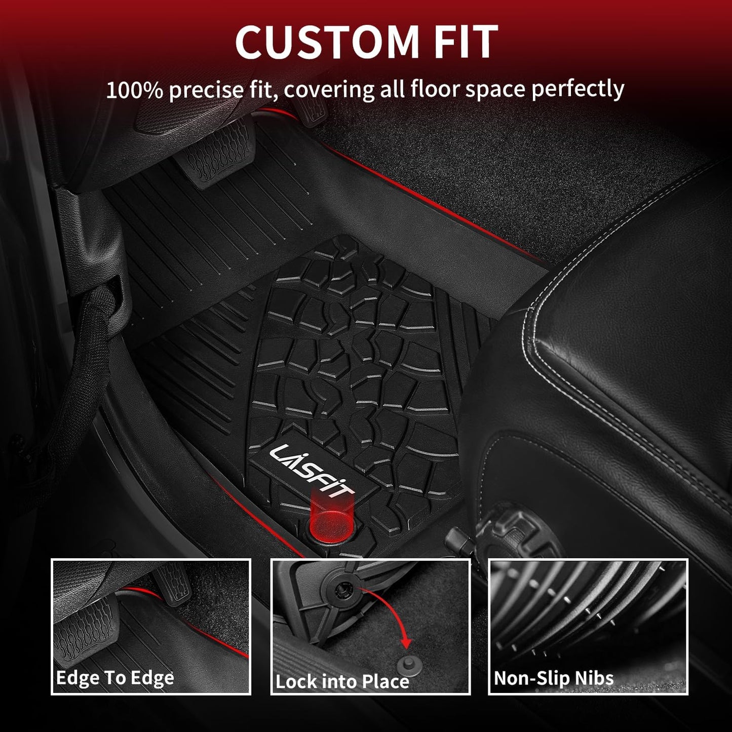 LASFIT Floor Mats for Jeep Wrangler Unlimited 4XE 2021-2024 2025 4 Door Plug-in Hybrid EV-Gas (PHEV), All Weather TPE Custom Fit Car Mats Floor Liners 1st & 2nd Row, Black