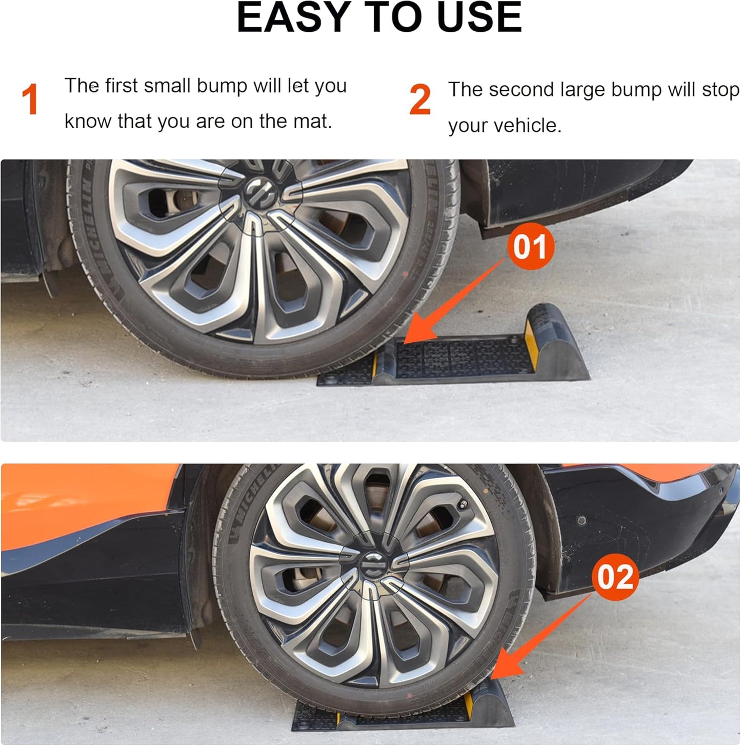 OrangeStar 4 Pack Parking Guide Mat, 21” Heavy Duty PU Wheel Stopper w/Reflective Stripe for Garage Vehicles, Indoor/Outdoor Use, Black