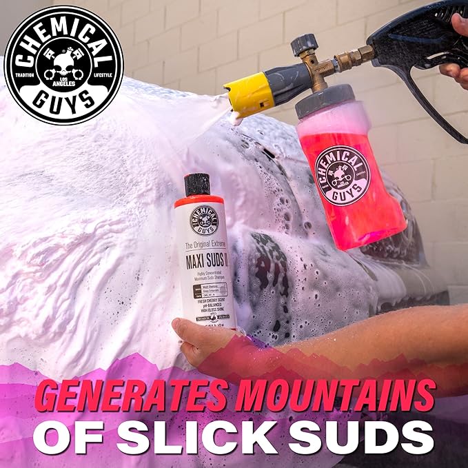 Chemical Guys Maxi Suds II Foaming Car Wash Soap – High Foam Car Wash Soap, Cherry Scent Shampoo and Gloss Booster for Foam Cannons, Guns or Buckets – Gentle, Safe for Trucks, SUVs, and RVs, 64 oz