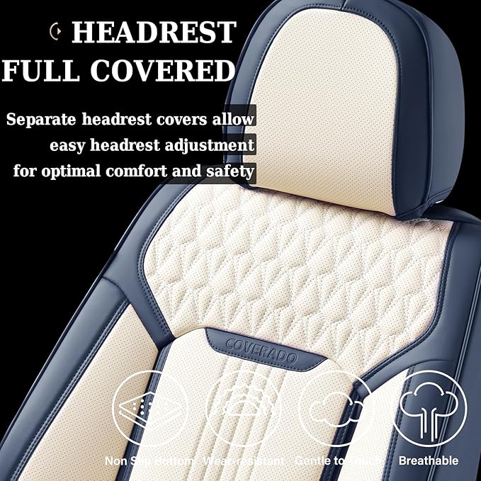 Coverado Front Seat Covers, Car Seat Covers Front Seats, Leather Seat Cover for Cars, Waterproof Seat Covers, Car Seat Protector, Driver Seat Cover Car Seat Cushion Universal for Most Cars, Blue&White